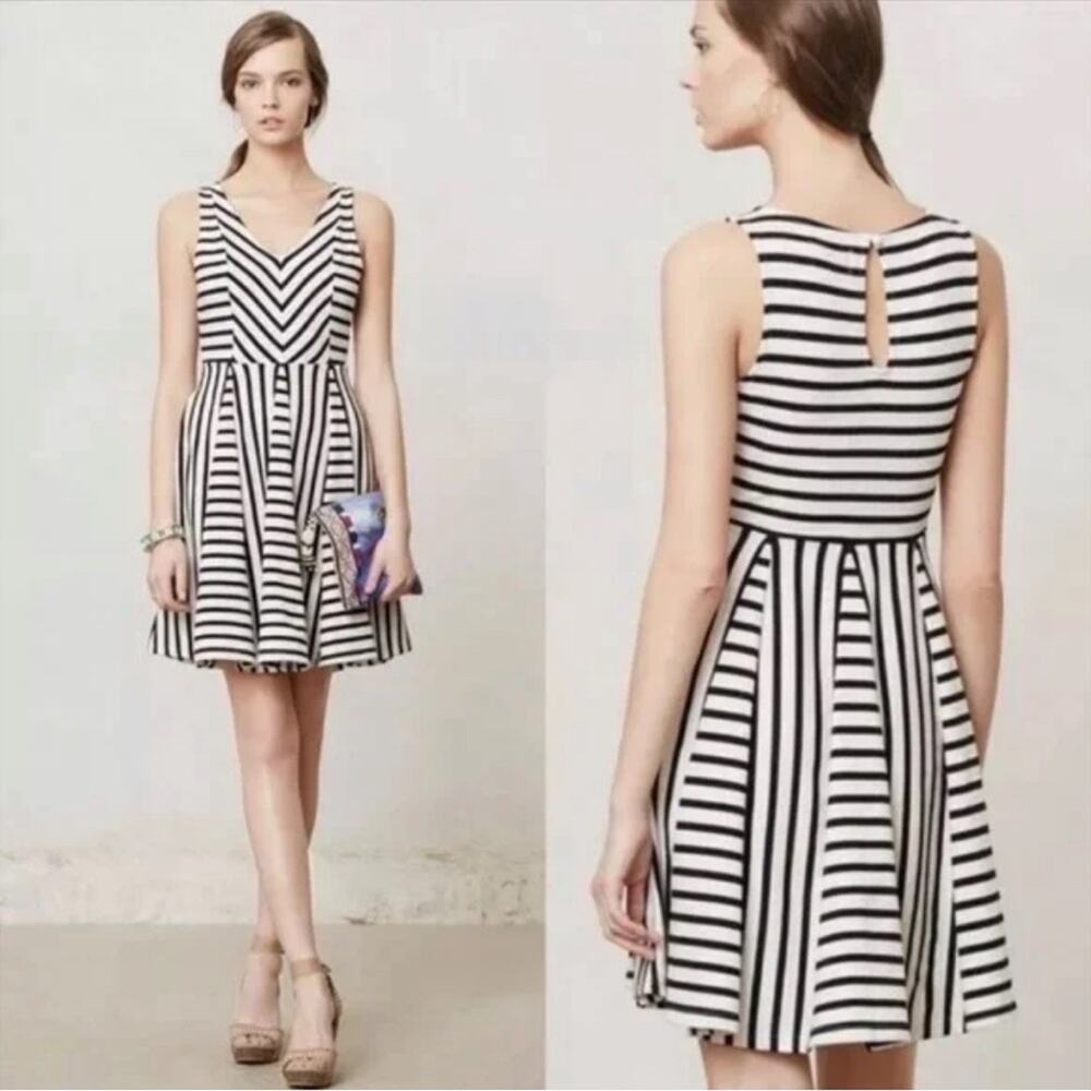 Anthropologie Saturday Sunday Striped Fit and Flare Dress Black Ivory Size M